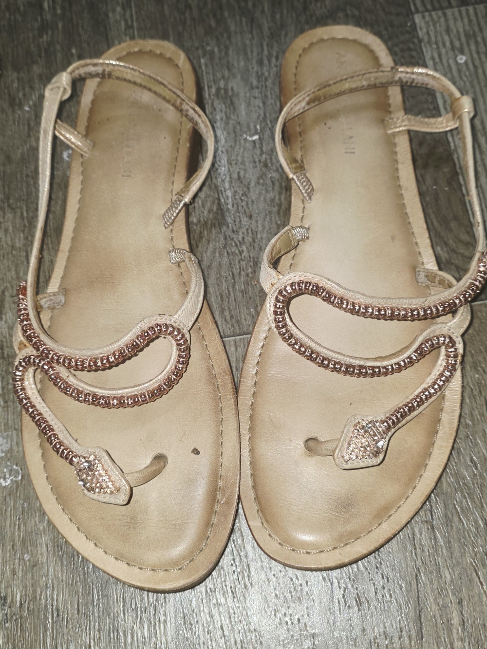 ANTONIO MELANI Rose Gold Beaded T-Strap Flat Sandals